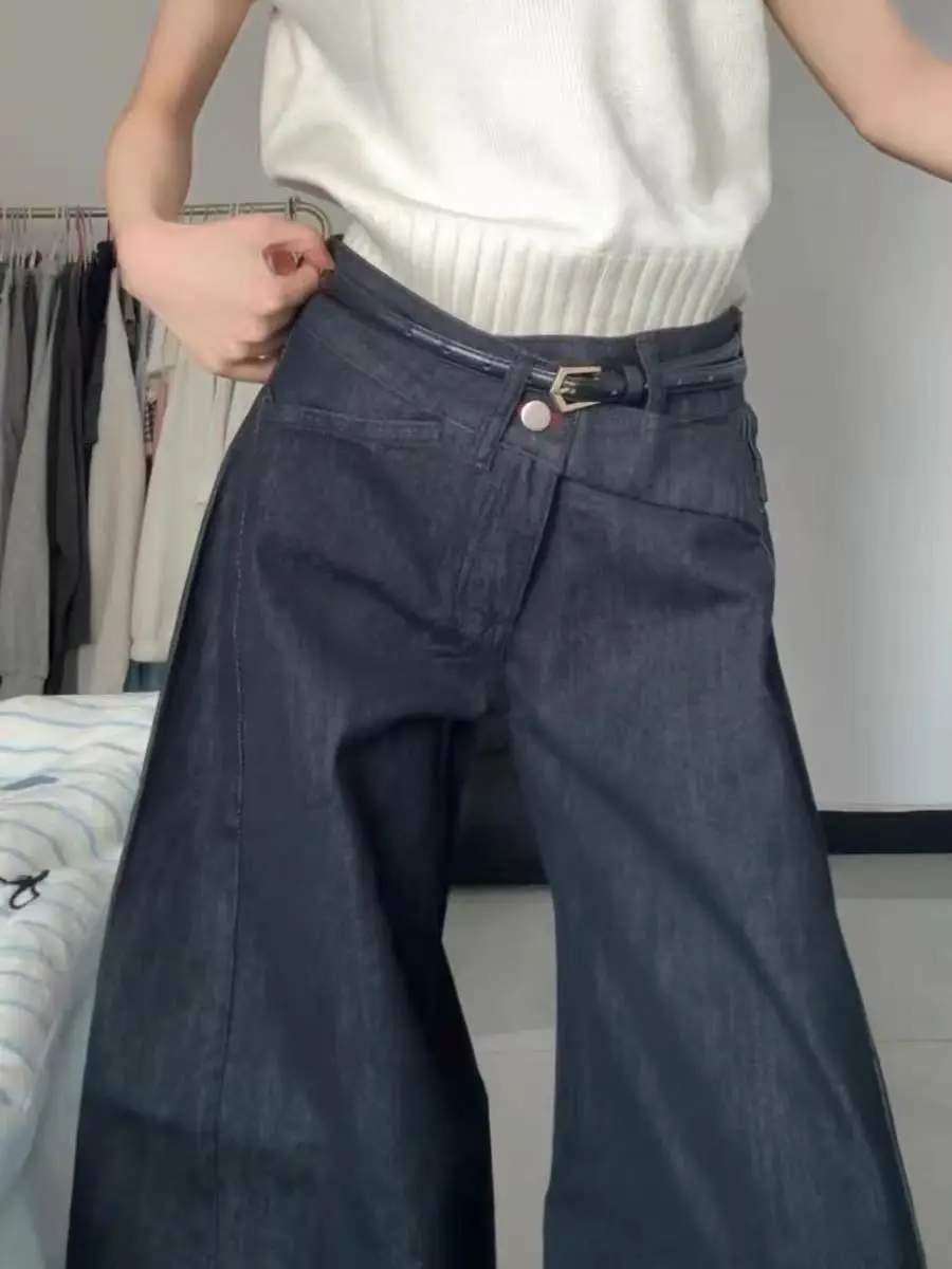 Black Irregular Low Waist Wide Leg Jeans Women Designer Loose Retro Streetwear Denim Pants