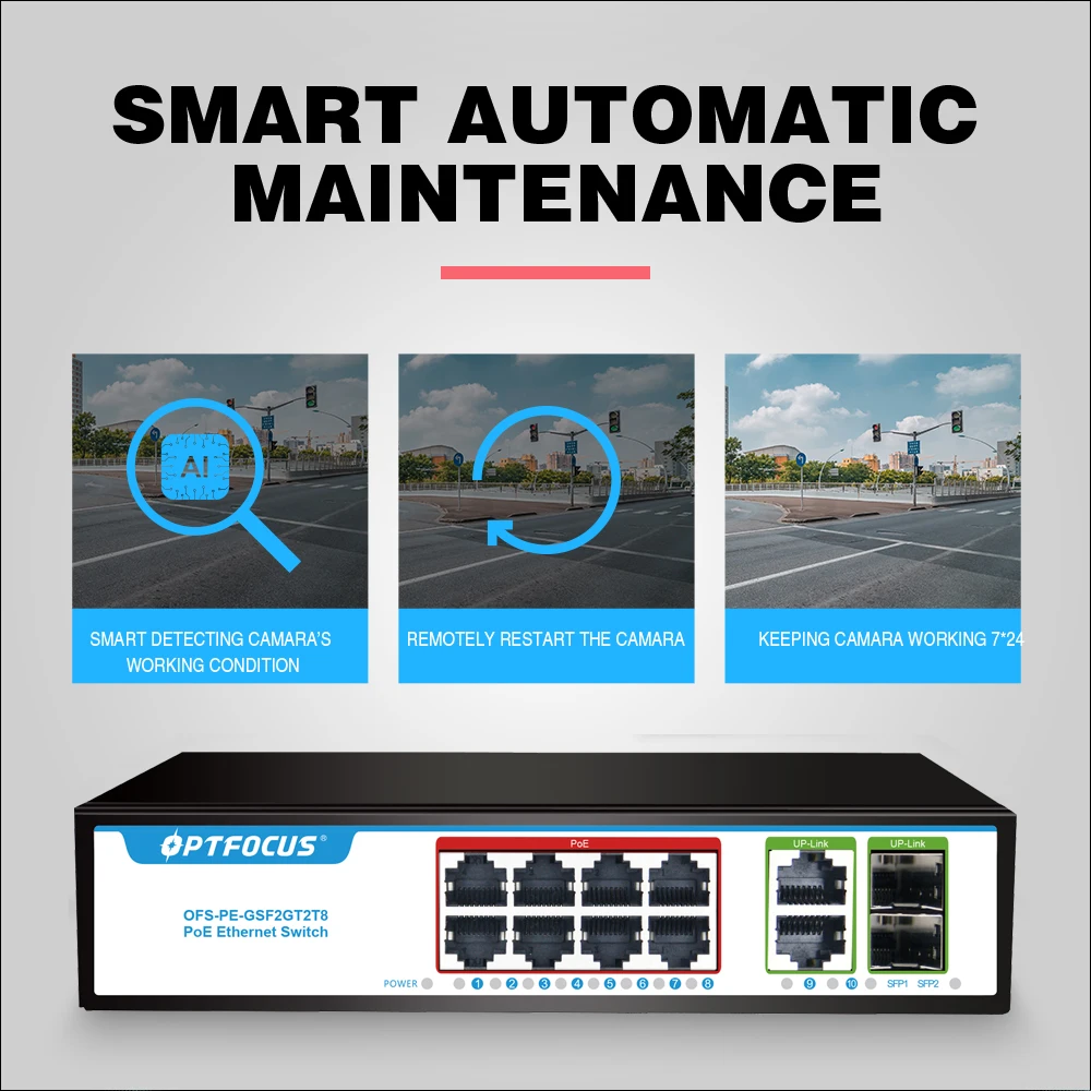 OPTFOCUS 120W 8 gigait poe+2 RJ45+2 SFP Gigabit fiber Durable PoE+ SFP Fibra 8 portas Ativo Passivo Sfp Poe 48v Gigabit Switch