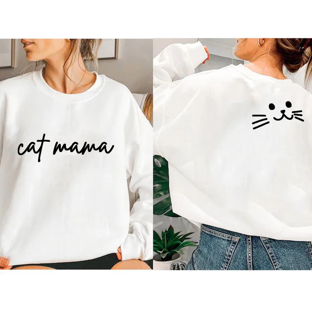 

Cute Cat Mama Sweatshirt Women Cat Lover Pullover Funny Front and Back Print Sweater Cat Mom Hoodie Mother's Day Sweatshirts