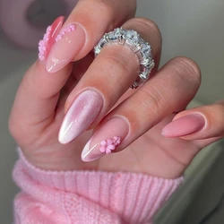 10Pcs French Handmade Manicure Medium Almond Fake Nails Pink Limited Nails Press On Nails Design with Adhesive Nail File Set