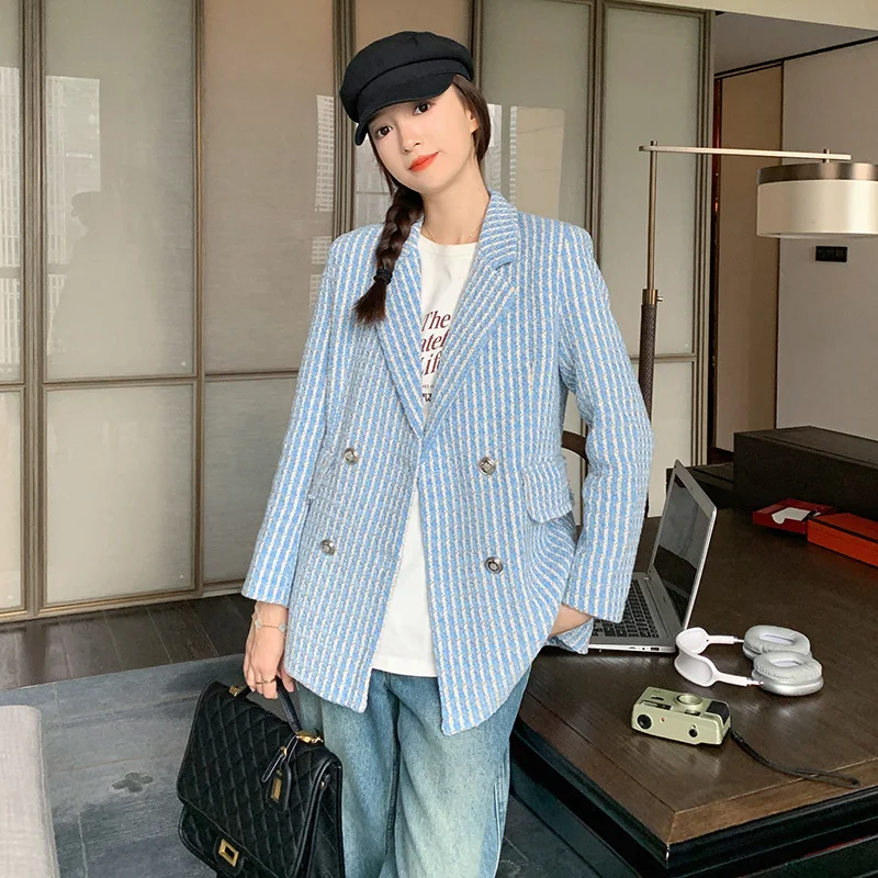 High Quality 2024 New Blue Striped Fragrant Suit Jacket Women Blazers