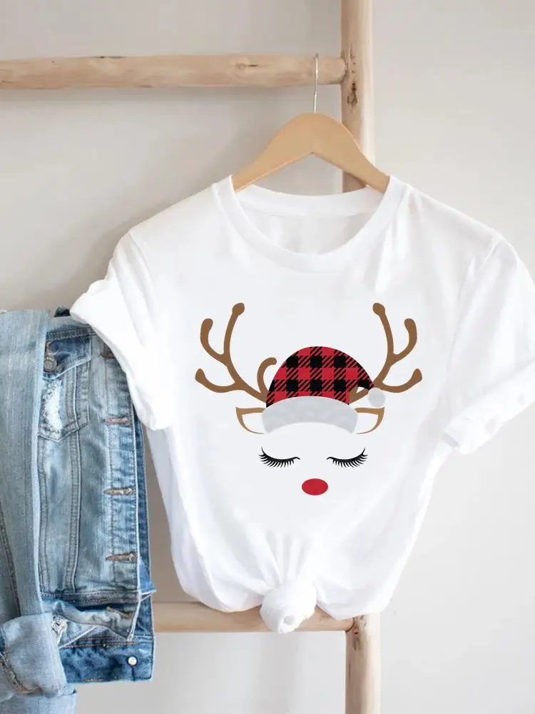 T-shirt Top Plaid Deer Face Trend Cute Clothing New Year Graphic T Shirt Print Women Holiday Fashion Christmas Short Sleeve Tees