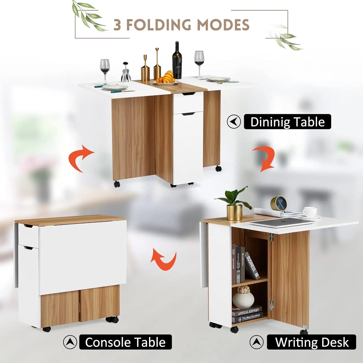 Folding Dining Table with 6 Wheels, Drawer and 2-Layer Storage Shelf, Drop Leaf Table for Small Space Space Saving Dining Table