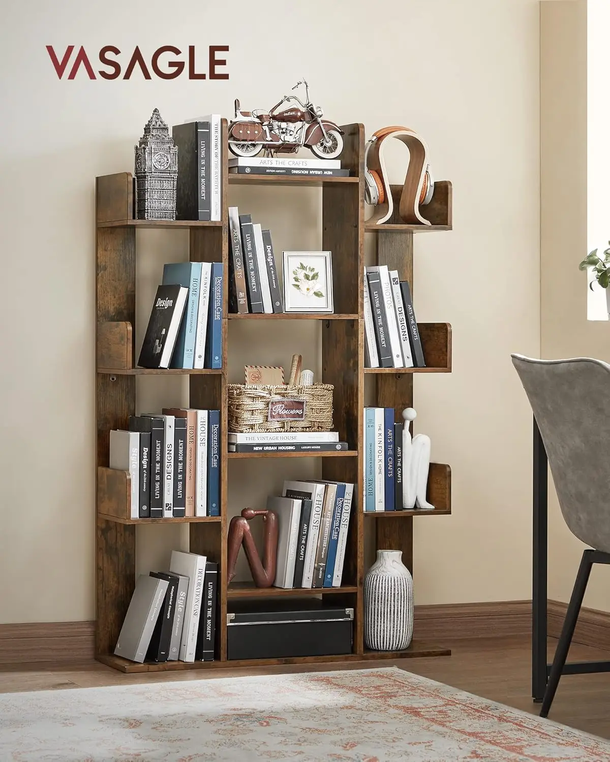 Tree-Shaped Bookcase with 13 Shelves, Rustic Brown, Compact Design for Home Storage