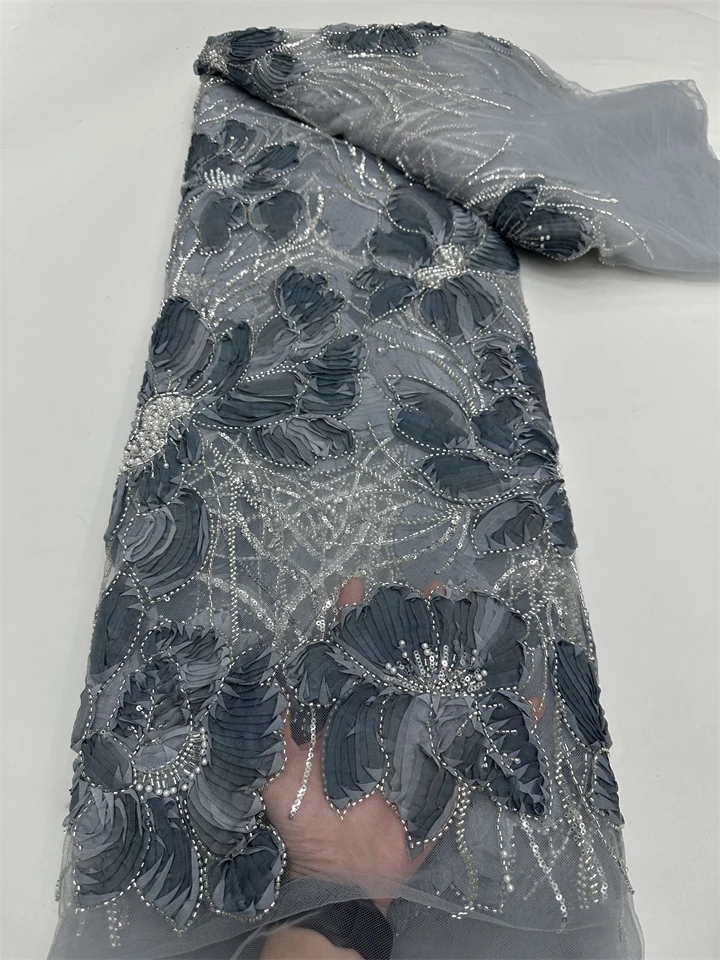 

French African Groom Lace Fabric Beaded High Quality Embroidery for Women Wedding Dress Nigerian Sequin Lace Fabric 5Yards RF635