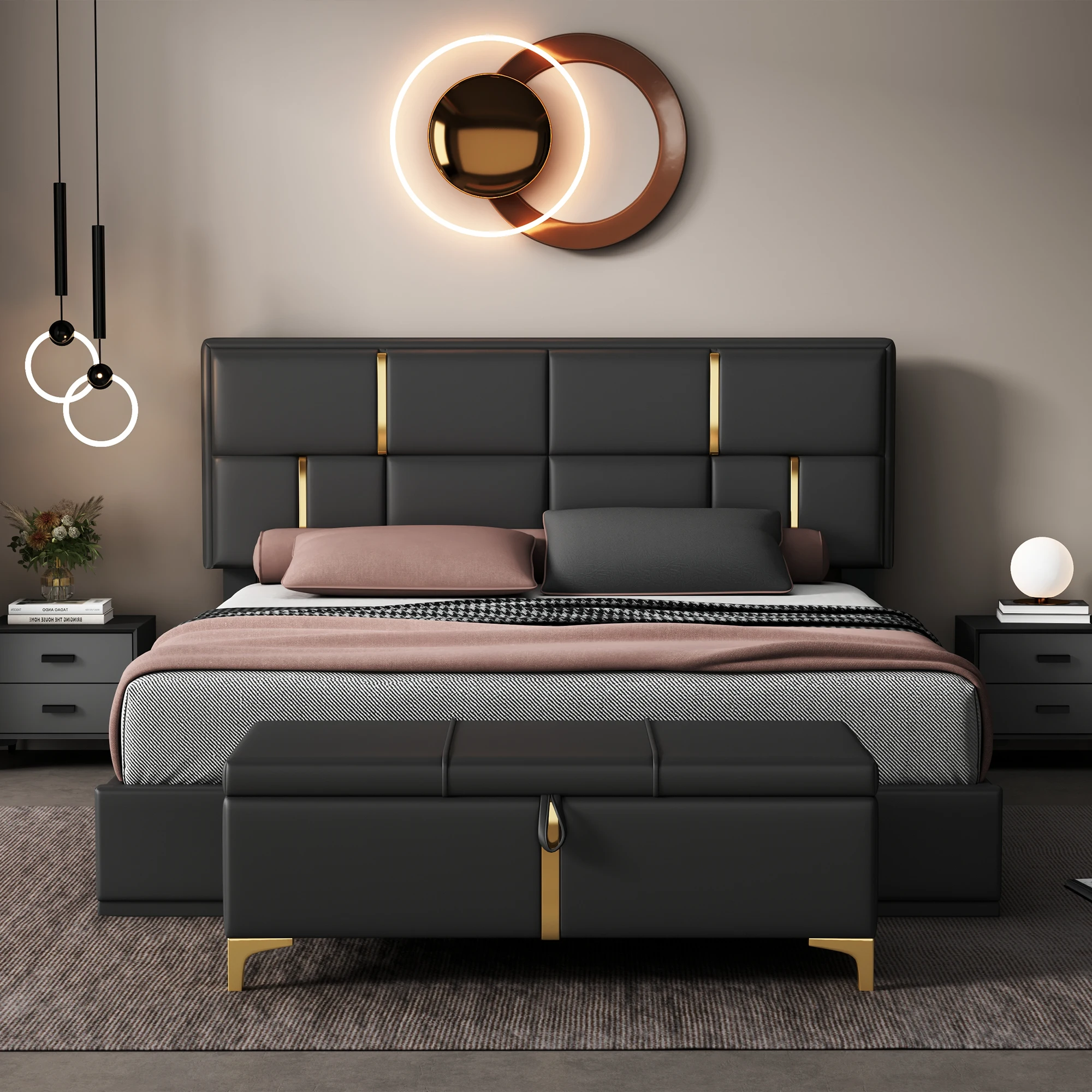 

2-Pieces Bedroom Sets Queen Size Upholstered Platform Bed With Hydraulic Storage System Storage Ottoman With Metal Leg in Black