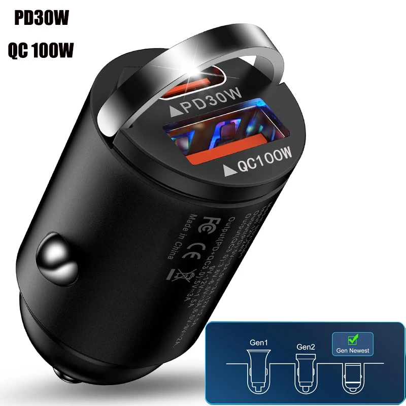 Extra Small Car Charger PD 30W C USB Power Supply For Car Table Phone 100W Mini Car Fast Charger Type C Charger Lighter The Car