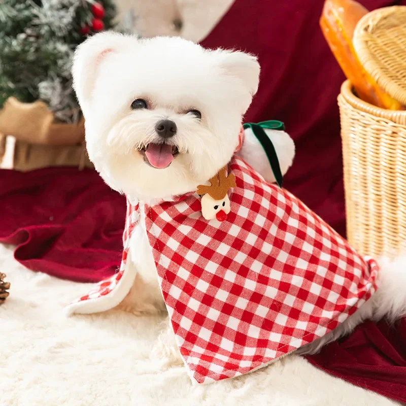 Winter Christmas Poncho Puppy Windbreaker New Year Cape Shawl Thickened Warm Yorkshire Pet Clothing Classic Plaid Dog Clothes XS