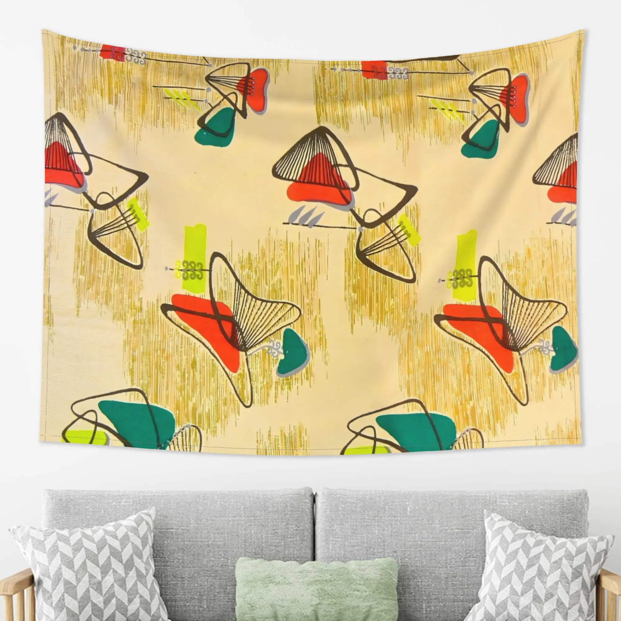 VIKAMA Retro MCM Abstract Geometric Tapestry Medieval Modern Style Red Yellow Green Line Retro Style Vintage Decor