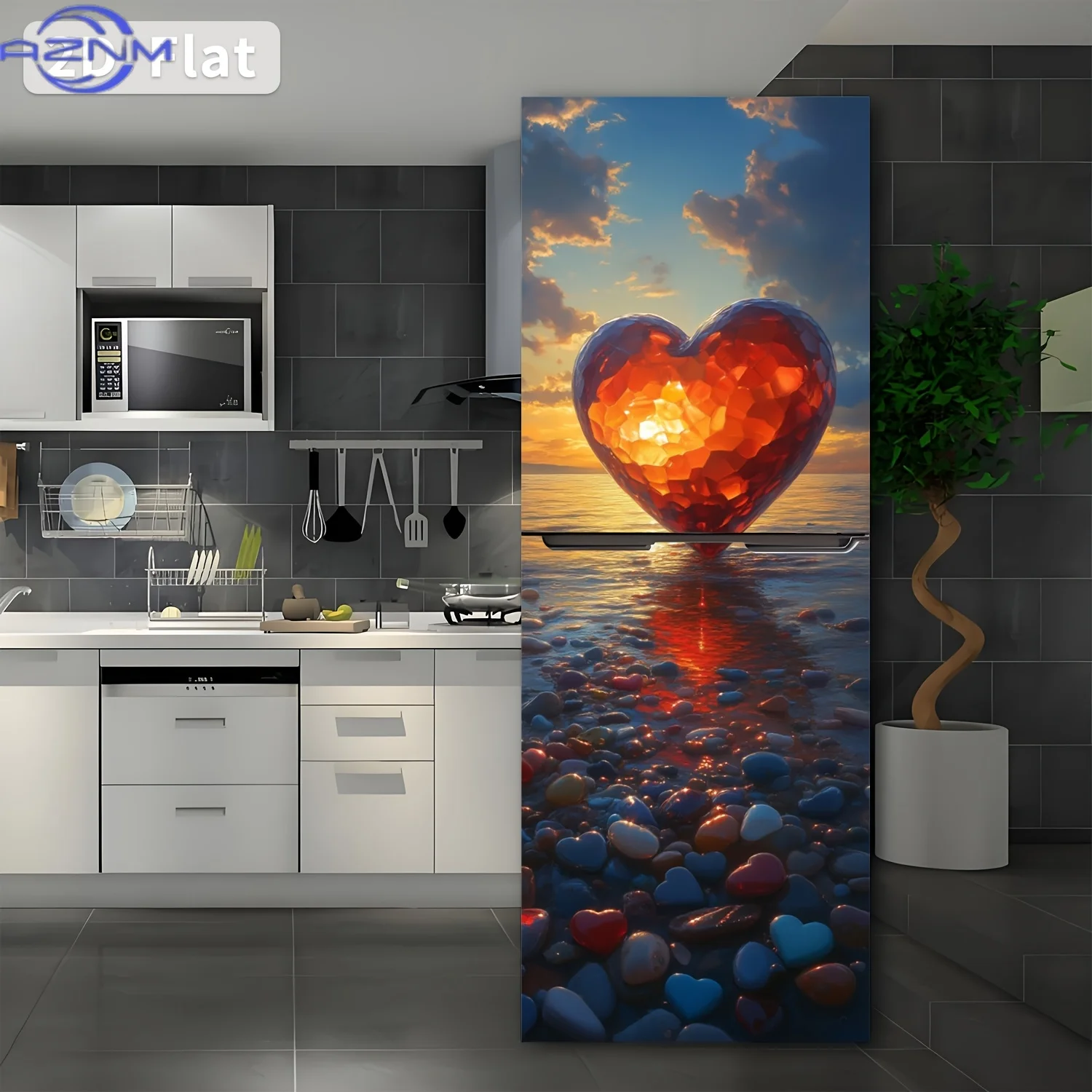 Self-adhesive fridge sticker, 2D flat beach love heart stone pattern wall sticker 179.83x30.0 cm, removable, peel and stick, s