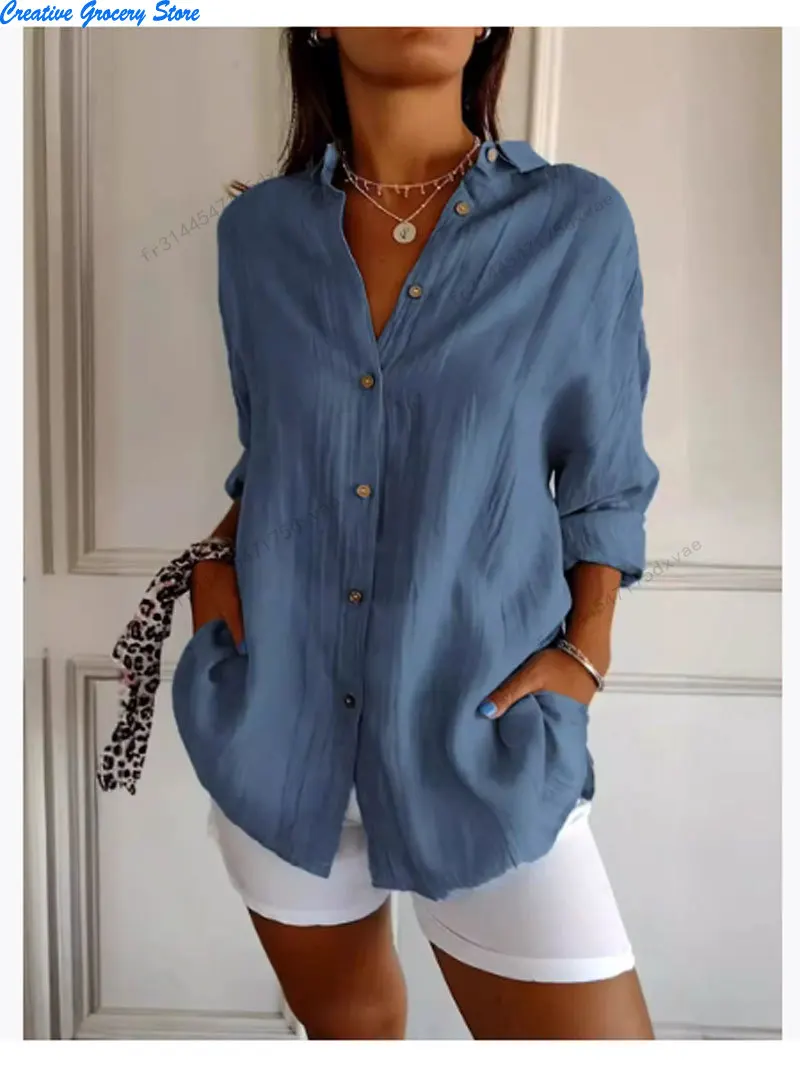 

Shirt Women's Lapel Long Sleeve Solid Color Casual Single Breasted New Fashion Brown Black White Shirt Tops Blouses for Female
