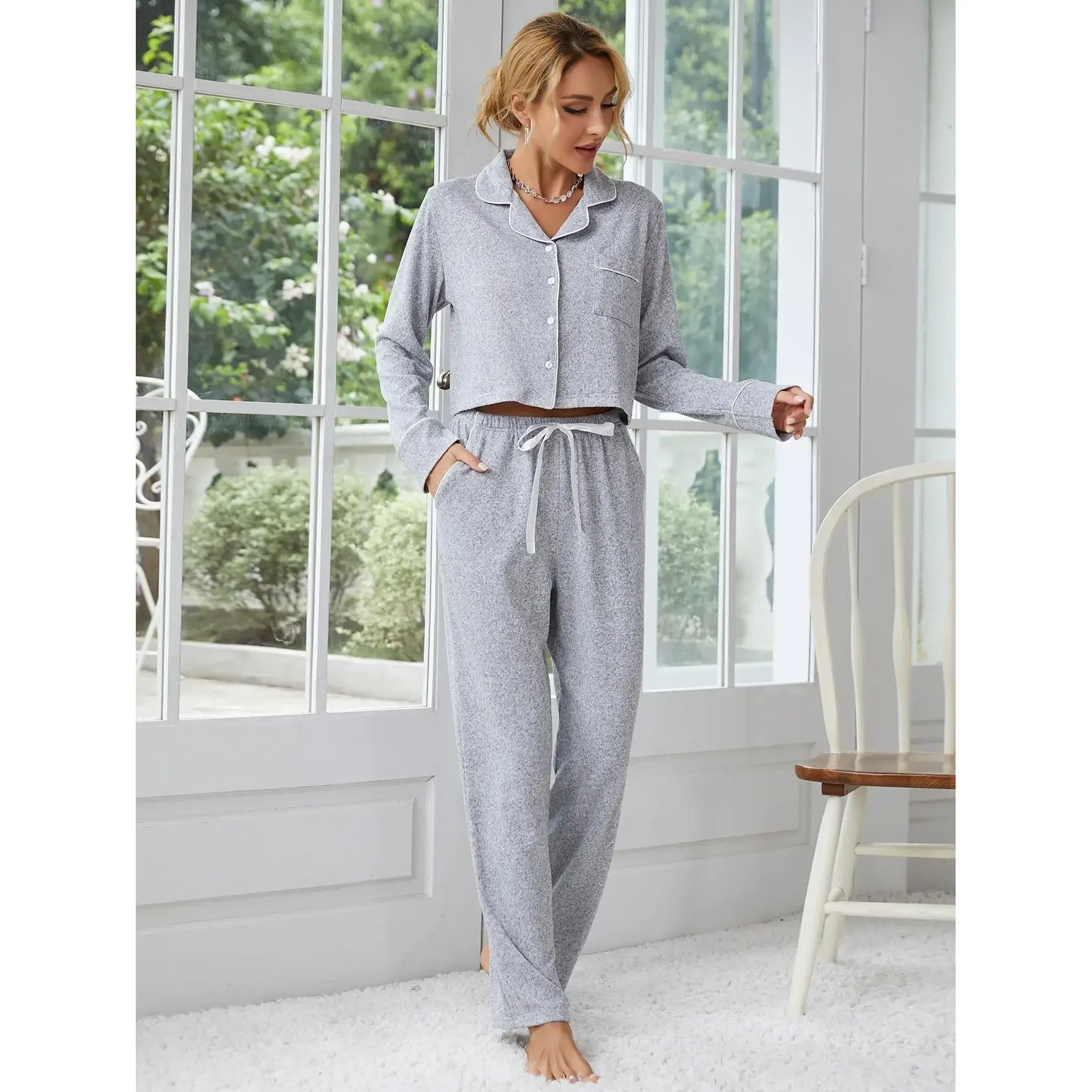 Solid Color Womens Pajamas Set 2 Pieces Long Sleeve Sleepwear Button Down Notched Collar Crop Nightwear Soft Pj Lounger Suit