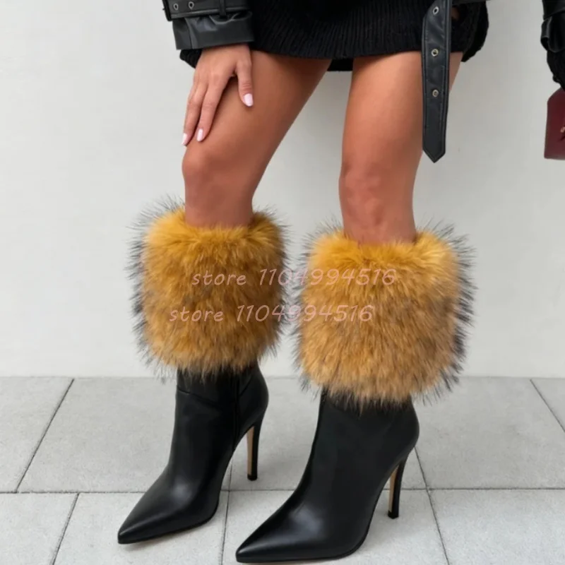 

Black Fur Fluffy Stiletto Ankle Boots Women Leather Pointed Toe Mid Calf Boots Fashion Luxury Party Ladies Commute Autumn Shoes