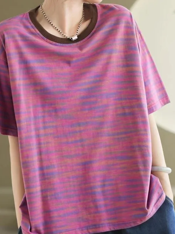 الرجعية مخطط القطن ort Sve تي شيرت المرأة عادية فضفاض صالح التخسيس الفني الأعلى الكورية Sle جولة Ne المحملة #2