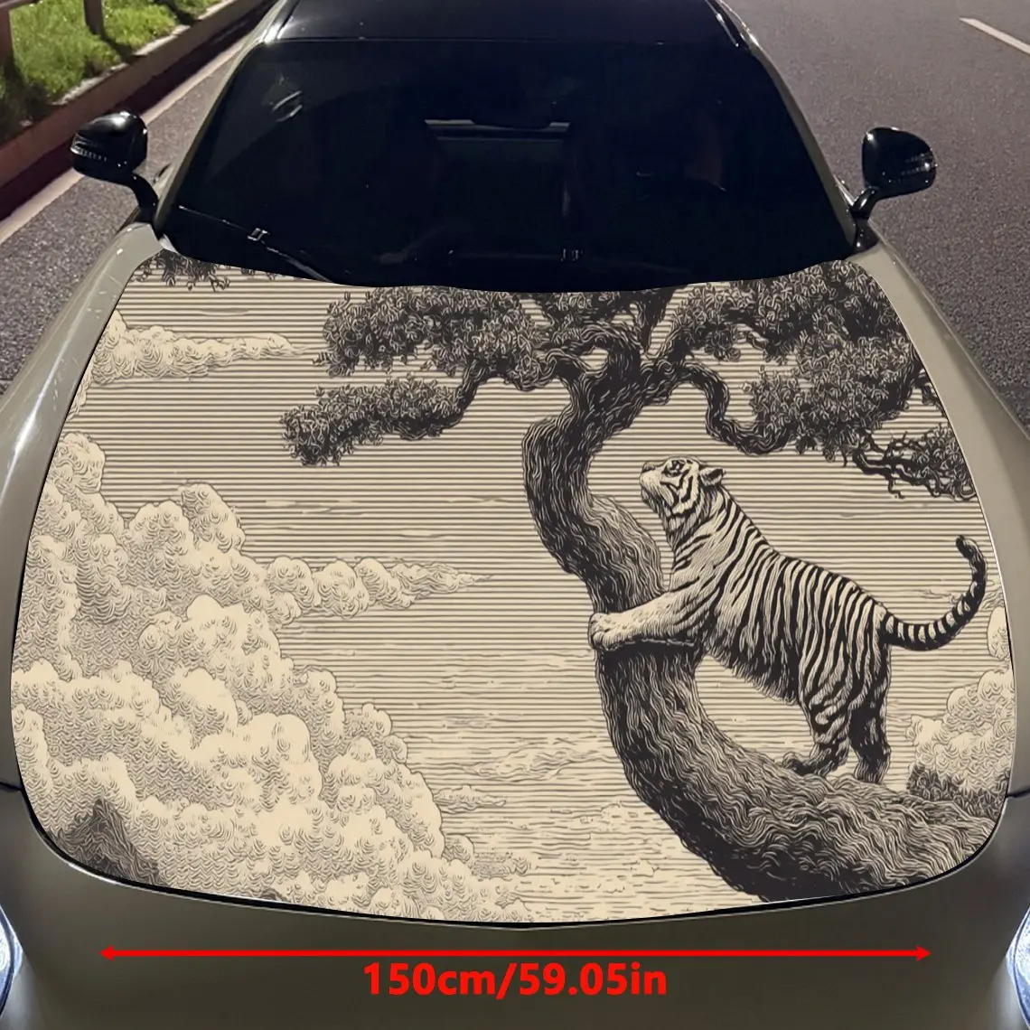 Retro Tiger Tree Car Hood Sticker PVC Self Waterproof Stick, Striking Auto Exterior Accessories Decor Protect Gift for Car Lover