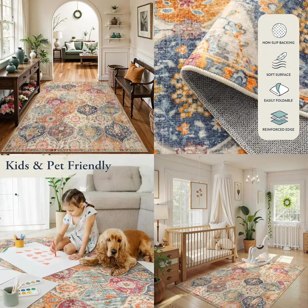 

Vintage Moroccan Trellis Rugs - 4x6 for Living Room, Non-Slip 4x6 for Bedroom, Ultra-Thin for Dining, Office, Nursery - Cream/Mu