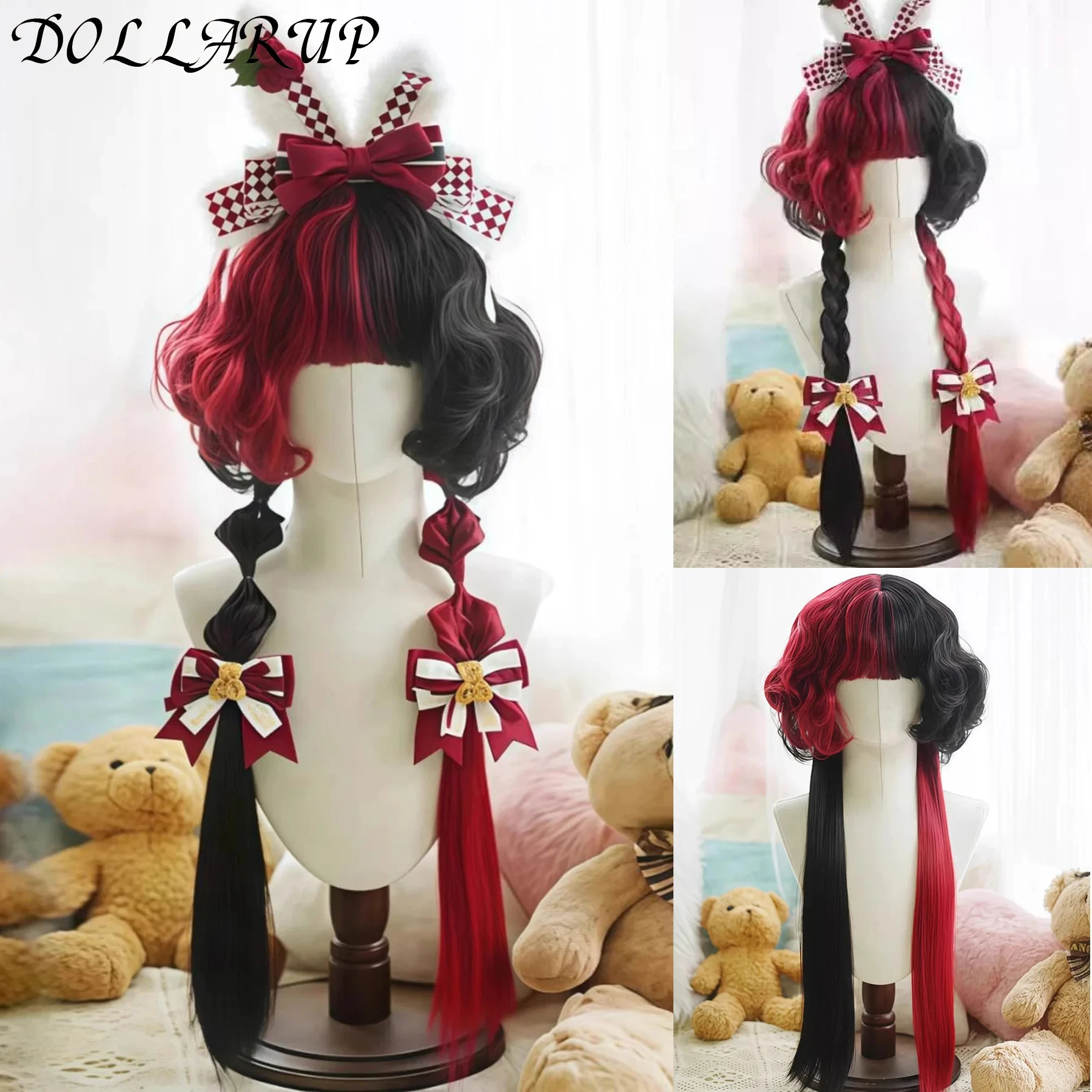 JKL شعر مستعار اصطناعي قنديل البحر لفة اللون محظورة طبعة طويلة لفة الشعر موضة أبيض وأسود أحمر بني وردي اللون مطابقة Loli #1