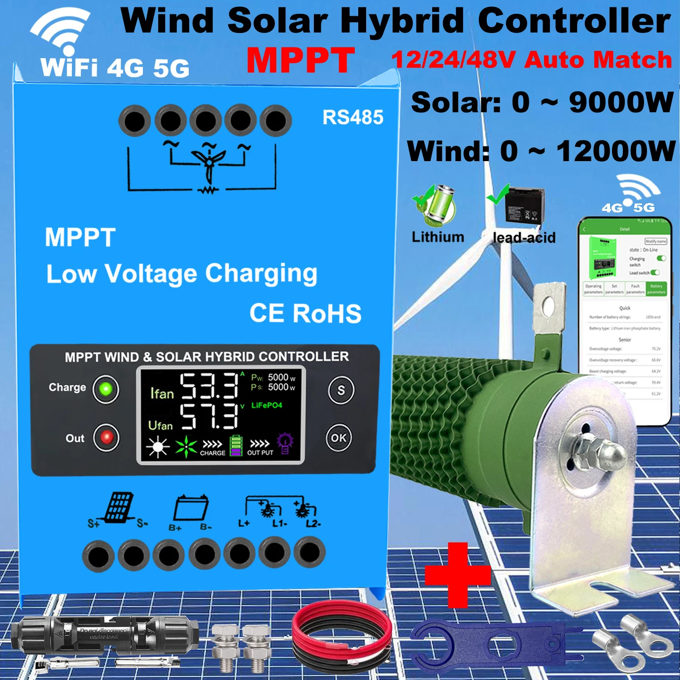 3000W~12000W 10KW 12V 24V 48V Hybrid Wind Controller MPPT Board Solar Panel Charger LCD Display For Lifepo4 Lithium All Battery