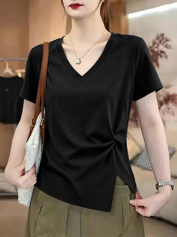 2026 New Women's Folded Uneven V-Neck Short Sleeve T-Shirt Summer Fashion Slimming Split Casual Cotton Top Korean Style