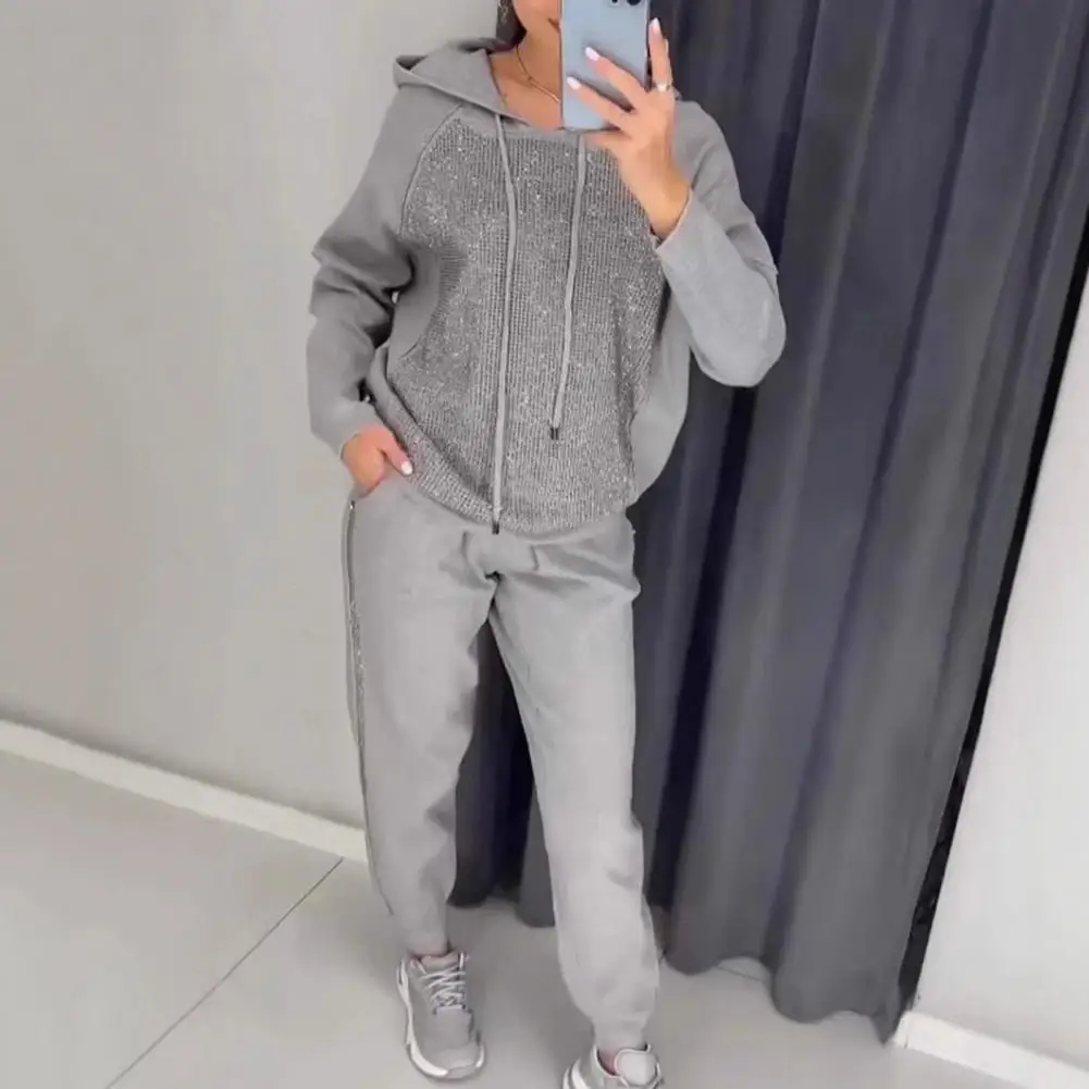 

Hooded Sweatshirt Harem Trousers Set Women Daily Clothes Women's Rhinestone Decor Hoodie Pants Set for Fall Spring Fitness