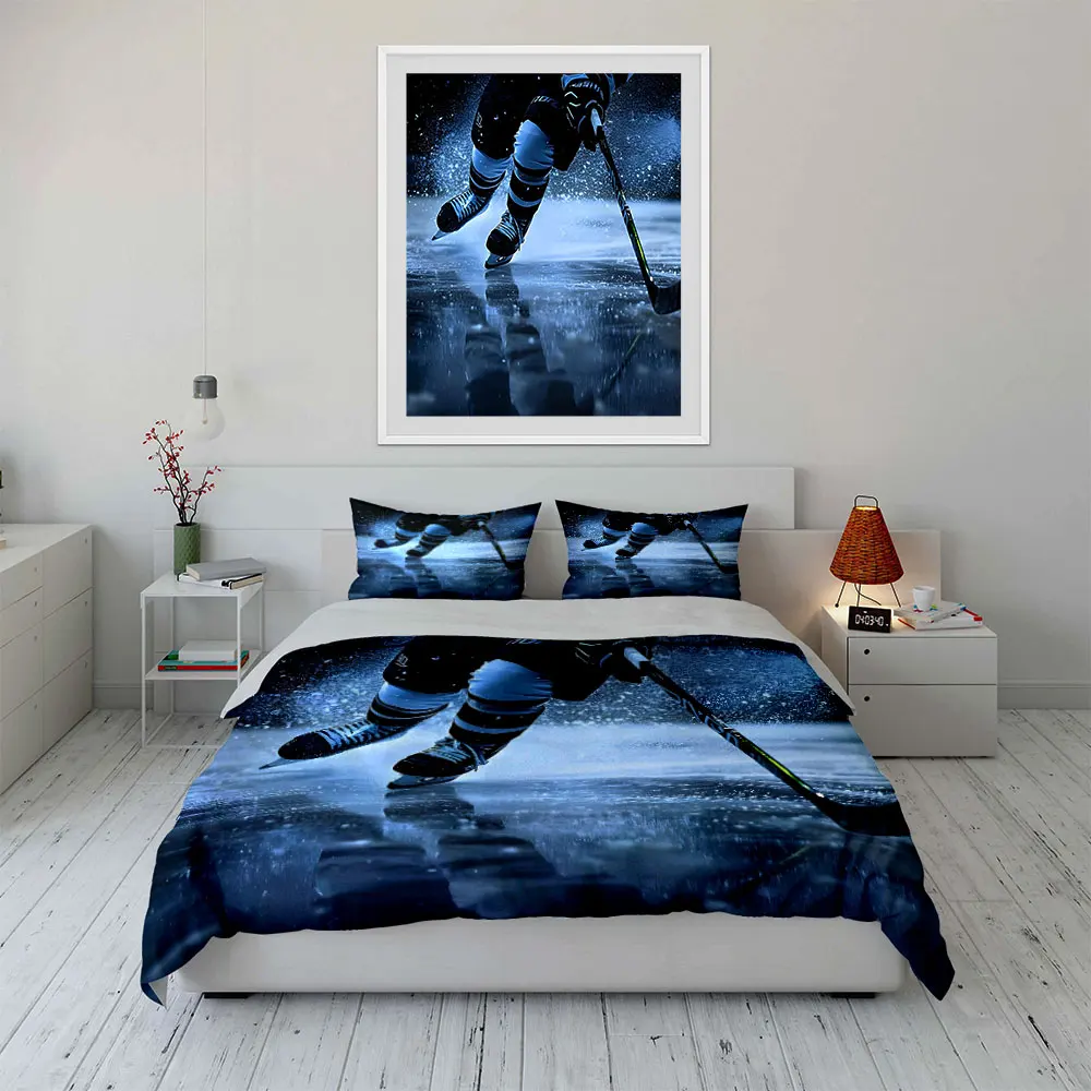 Ice hockey player intense moment Print Soft Comfortable Duvet Cover Bedding Set Included 1*Duvet Cover  2*Pillowcases