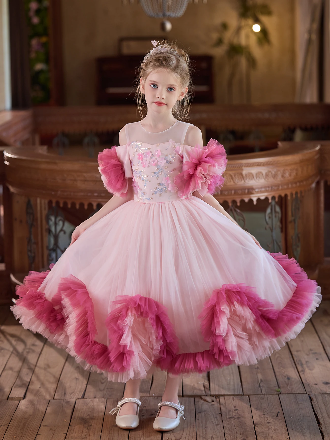 Girl's Pink Big Skirt Long High-End Dress With Fluffy Veil Dress Birthday Party Piano Performance Flower Girl Bridesmaid Dress
