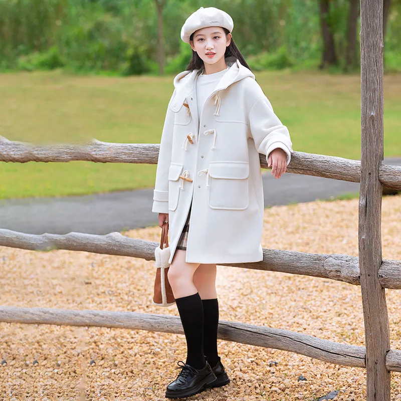 

Girls horn button coat junior high school students woolen jacket college wind 2023 new high school girls