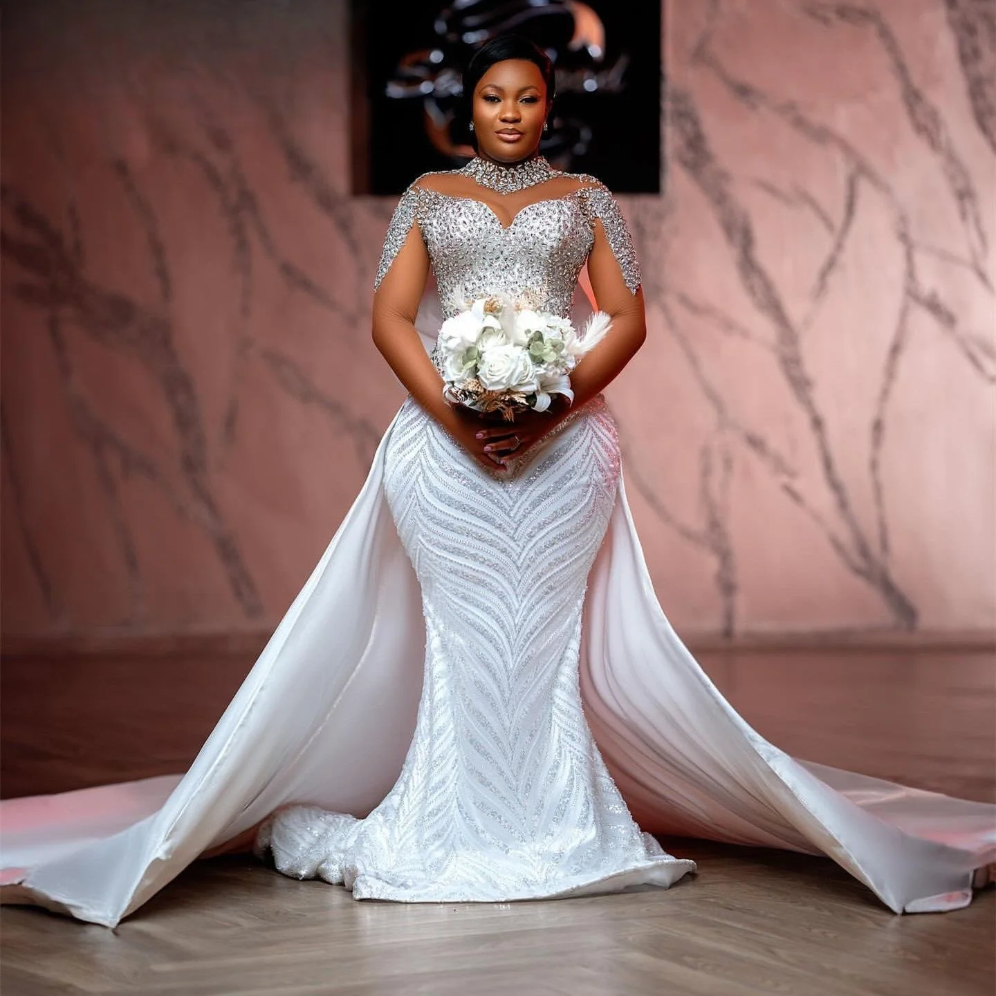 Customized White Mermaid Wedding Dresses Beaded Crystals Detachable Train Satin Bridal Gowns Dresses