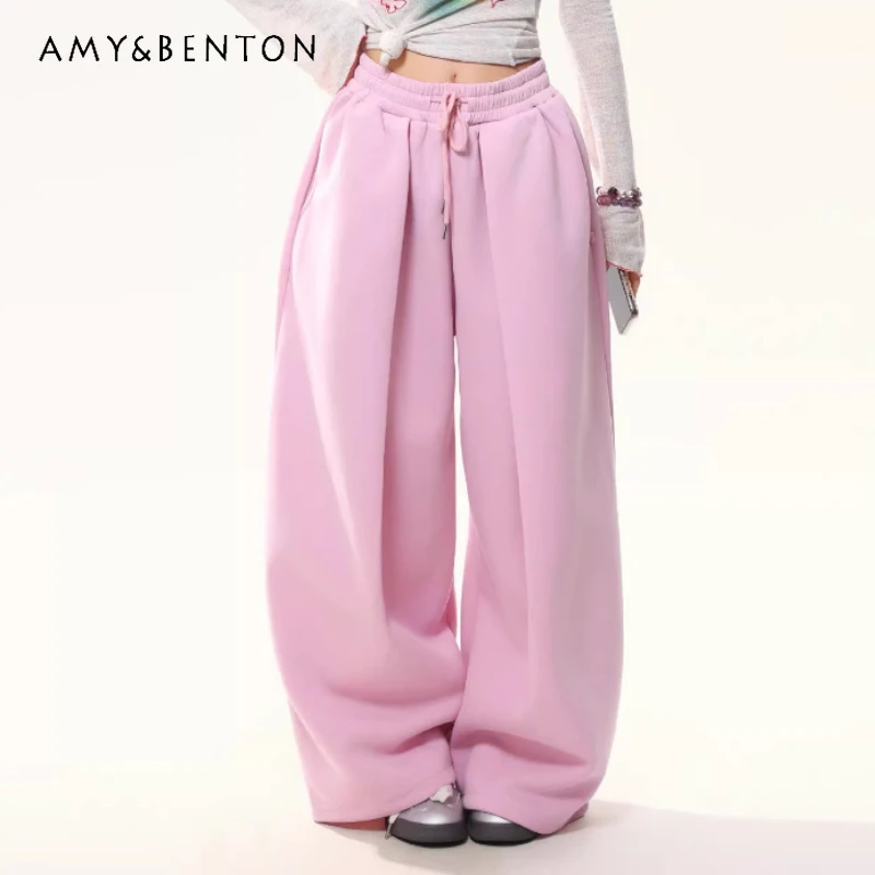 

Vintage Design Pocket Embroidery Casual Women's Sweatpants 2026 Spring New High Waist Versatile Straight Wide Leg Pants Ladies