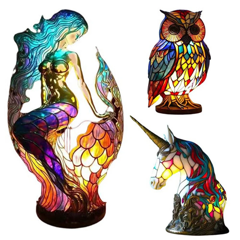 Animal Table Lamp Series Stained Glass Rooster/Cat/Dragon/Wolf/Dolphin/Horse/Owl/Turtle Table Lamp Night Light Home Decorate