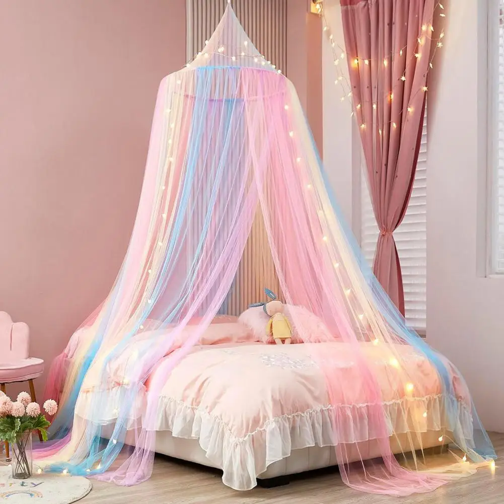 

Single Door Mosquito Net Bed Canopy Rainbow Color Design Mesh Breathable Easy to Install Fully Enclosed Anti-mosquito Bed Cover