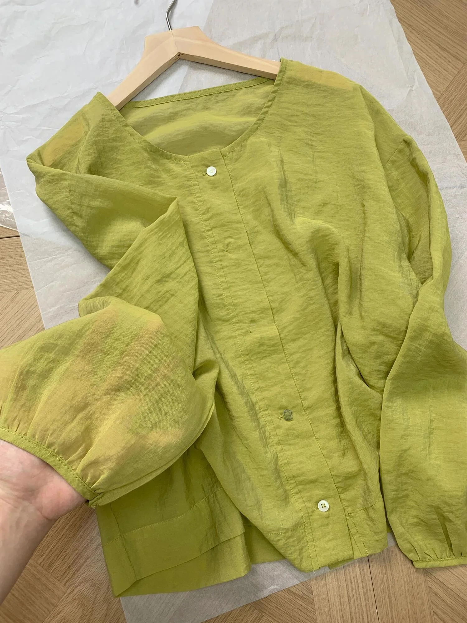 

Lightweight Linen irt Women's round Ne Single Button Long Sve Sun Protection Outerwear Korean Sle Commute Pure Color