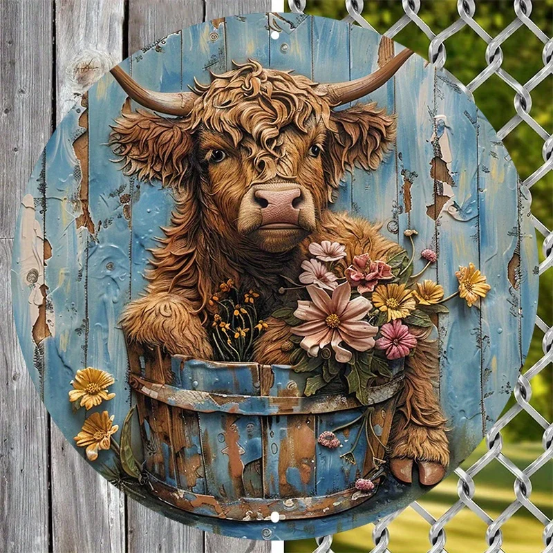 Aluminum Highland Cow Metal Sign with Floral Wreath, Rustic Farmhouse Decor, Pre-drilled, Unique Valentine's Day Gift