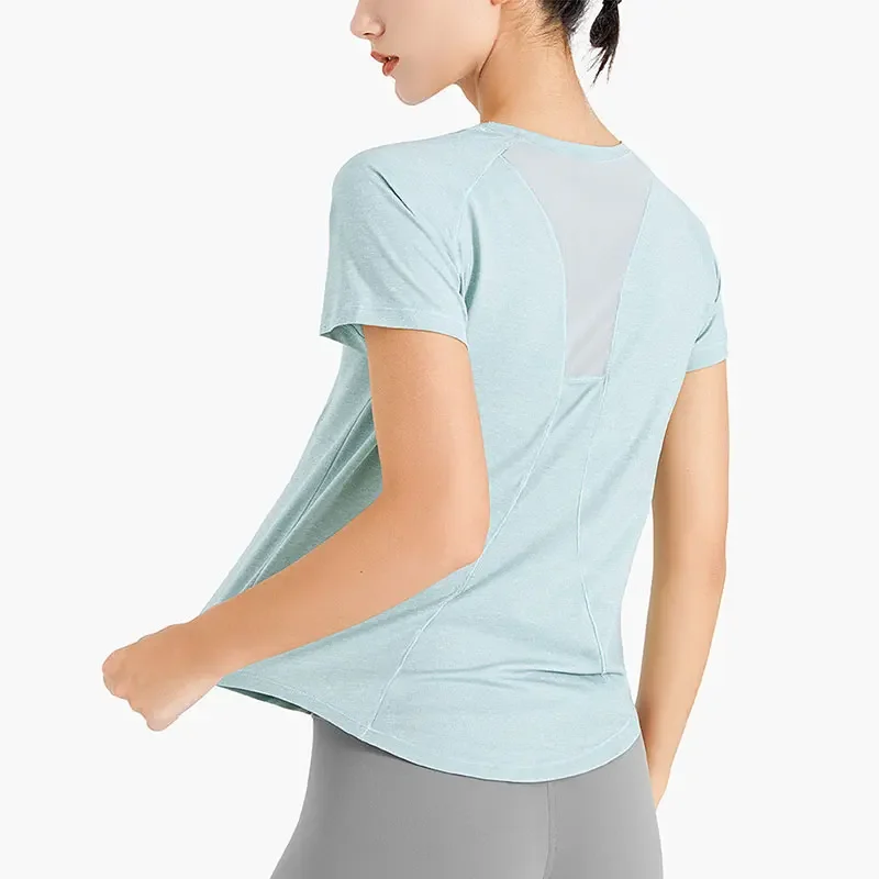 

Новый топ для йоги с короткими рукавами, сетчатый лоскутный лайкра, эластичный костюм для фитнеса, бега, йоги, быстросохнущий топ