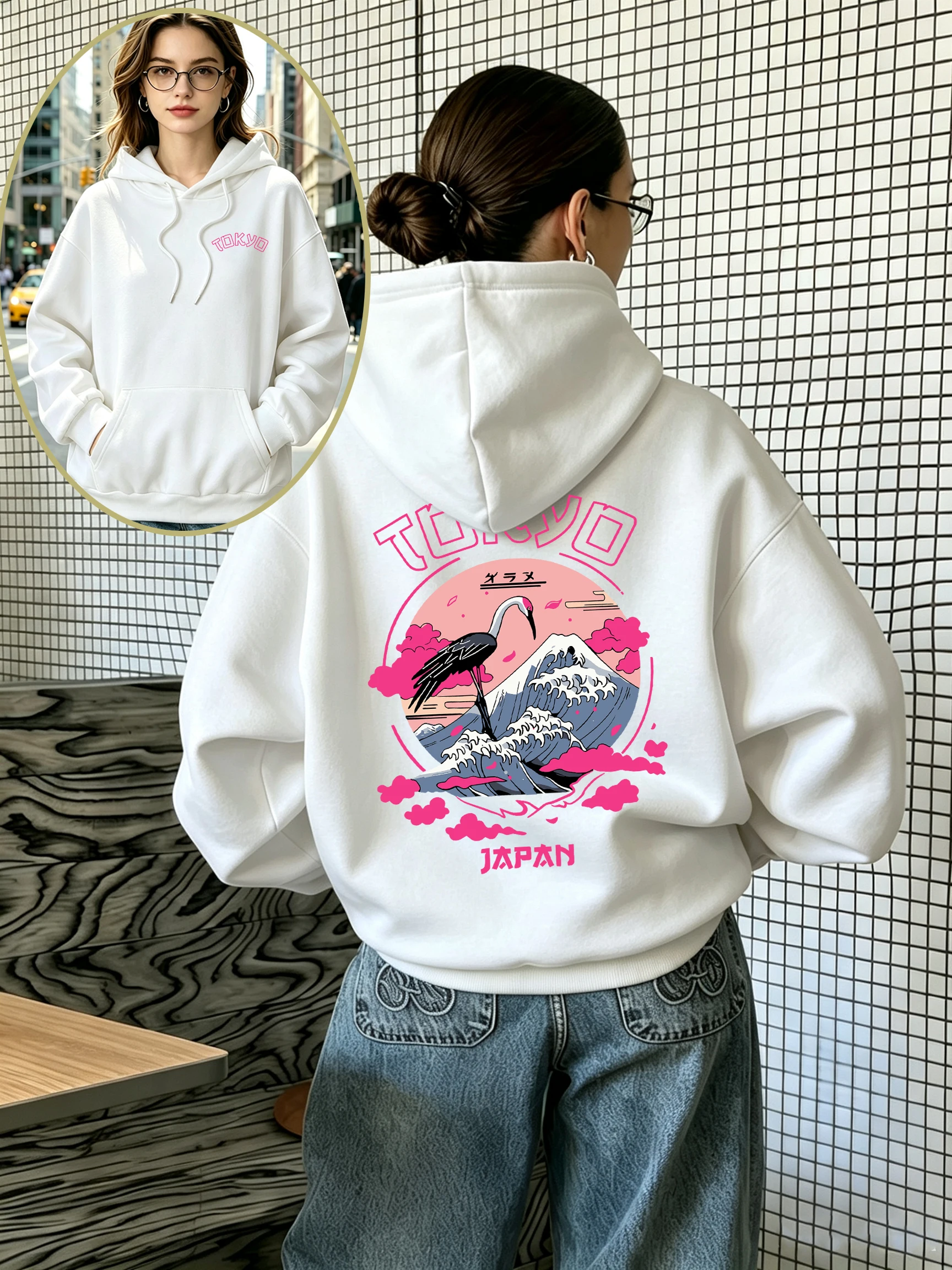Tokyo Japan Kranich-Wellen-Druck Damen-Hoodie, Lockerer Fleece-Pullover, Lässiger Allround-Hoodie, Herbst-Taschen-Hoodie für Damen
