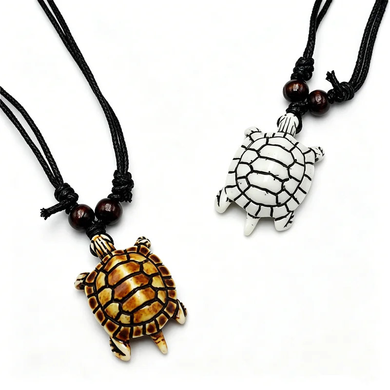Turtle Shell Pattern Sea Turtle Pendant Necklace - Resin, 2 Colors Adjustable Black Cord, Surfer Jewelry