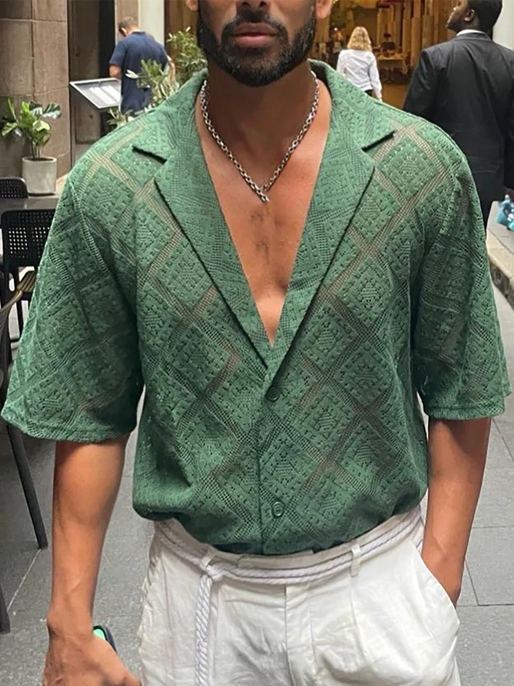 summer autumn men's short sleeved casual style polyester material 2025 new fashionable lapel hollow single breasted shirt