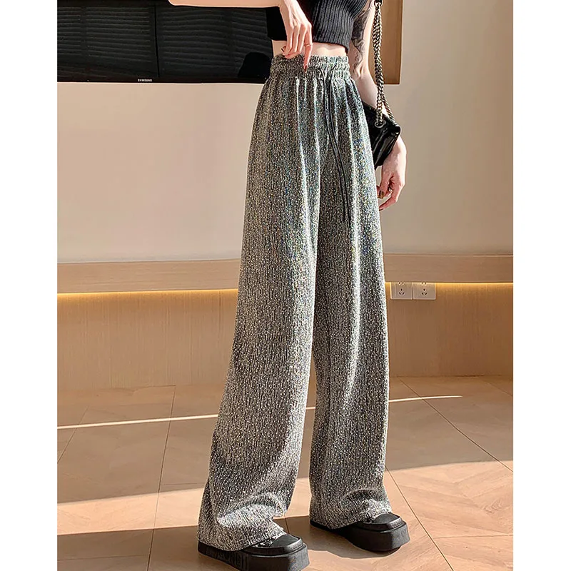 New Ice silk Wide-Leg Pants Women Spring Summer Loose High-Waisted Slim Straight Elastic Waist Soft Fashionable Casual Pants