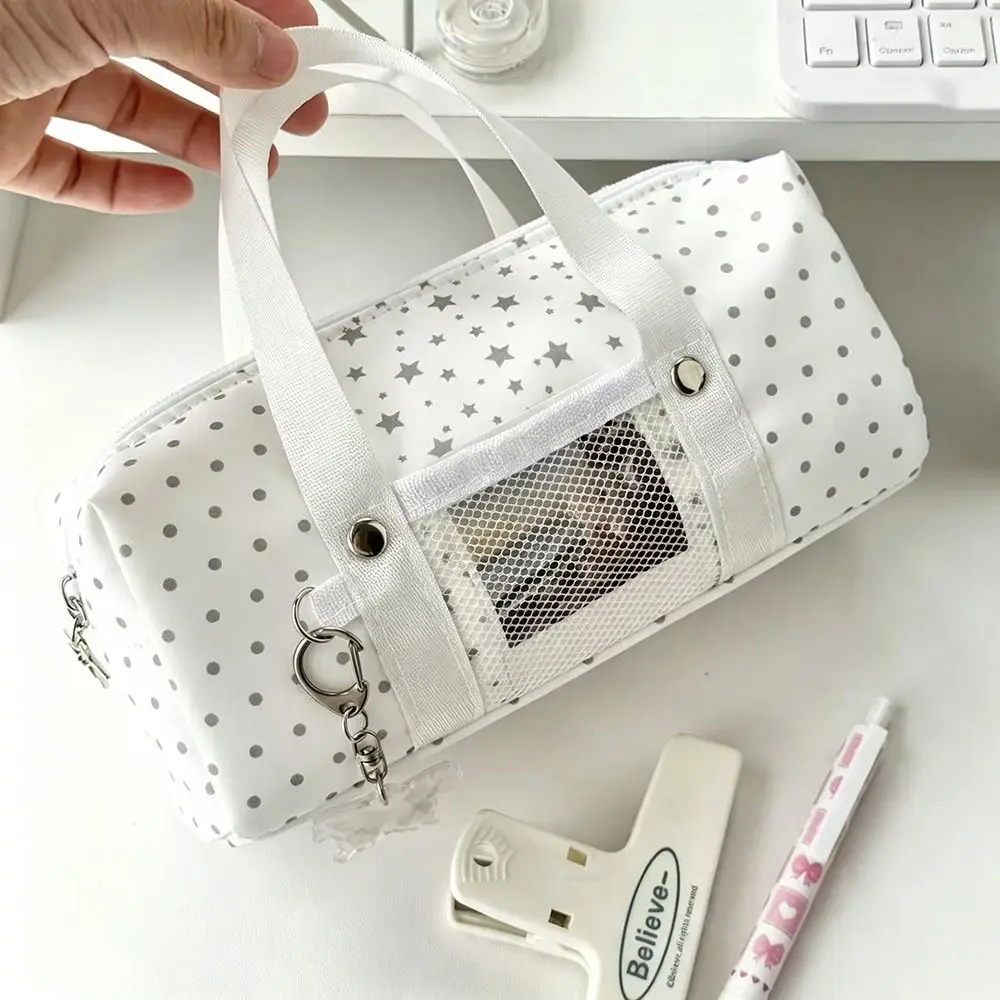 Multi-functional Polka Dot Bow Print Pencil Case Handheld Large Capacity Pen Bag Portable Pencil Pouch School Supplies