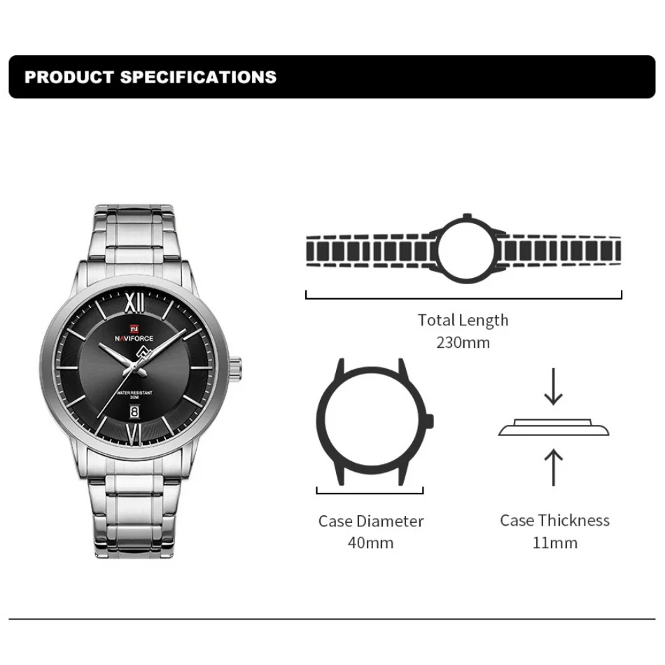 NAVIFORCE Watches for Men Fashion Business Calendar Display Steel Band Waterproof Quartz Wrist Watches Relogio Masculino NF9254