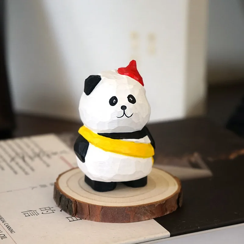 Handmade Wood Carved Panda In Yellow Overalls Miniature Cute Wooden Animal Carving Cartoon Desk Decor Home Table Ornament Craft
