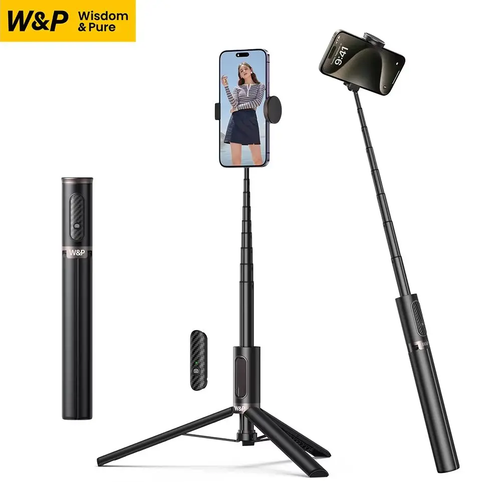 W&P Selfie Stick Tripod Stand Extendable 63 Inch Bluetooth Remote Control for iPhone 16/15/14/13 Samsung Android for TikTok Live