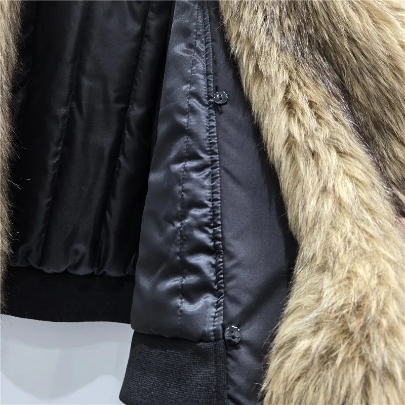Autumn Winter Popular Eco-Friendly Furry Collar Patchwork Color Block Top Overcoat Thickened Warm Cotton Jacket Faux Fur Coat