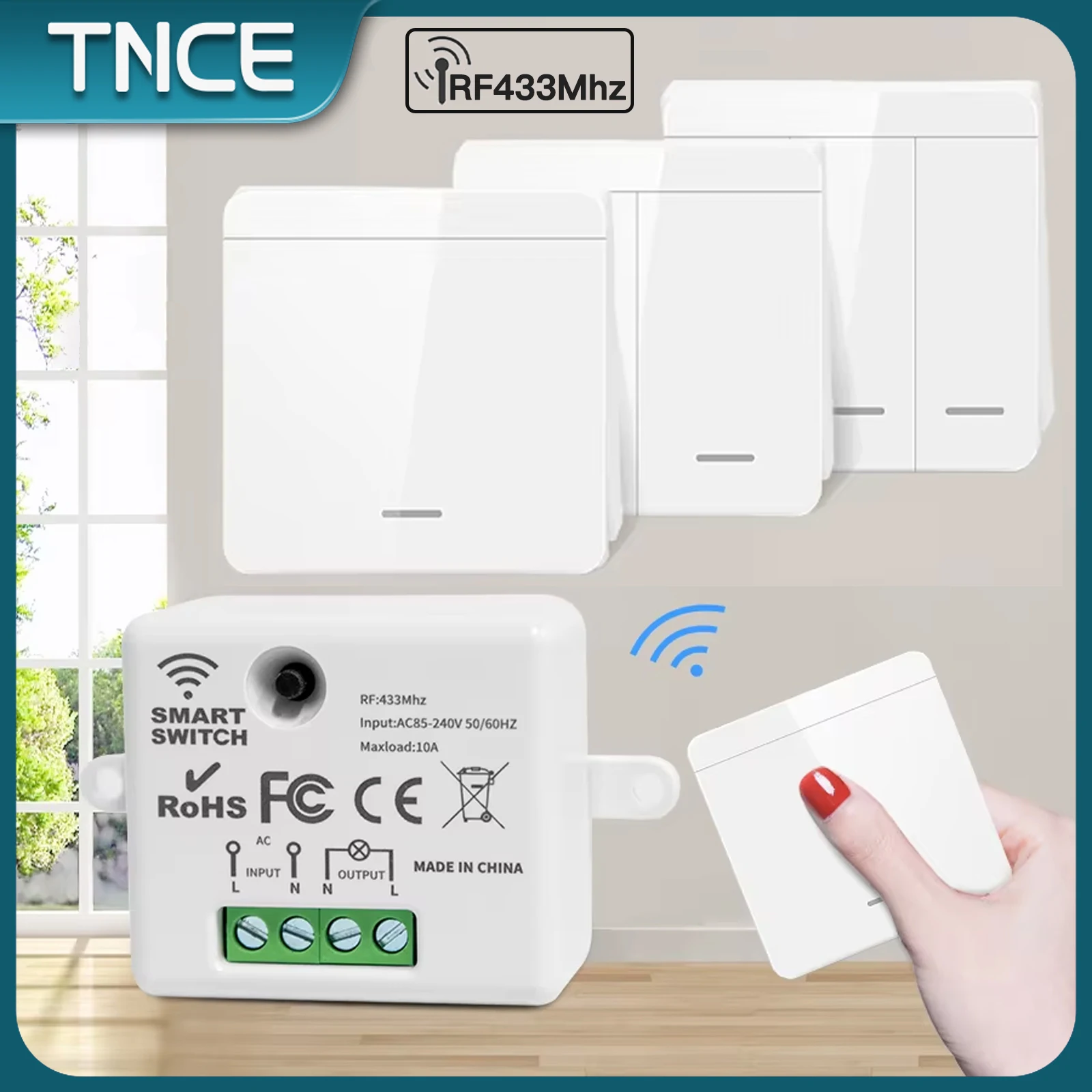 TNCE RF433 Relay Receiver Wireless Light Switch, 433Mhz Mini Remote Control, 1/2/3Gang Wall Transmitter Interruptor,Led Lamp Fan