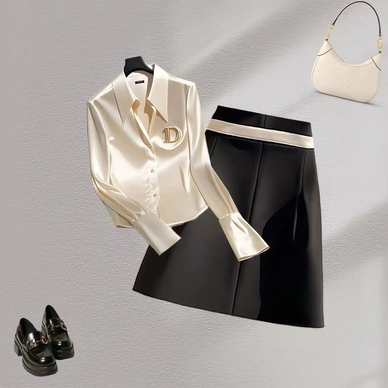 Satin Shirt Tops 2024 Fall All-in-one Ladies Long Sleeve Elegant Solid Color Shirt Fashion High Suit French New Suit Dress Set