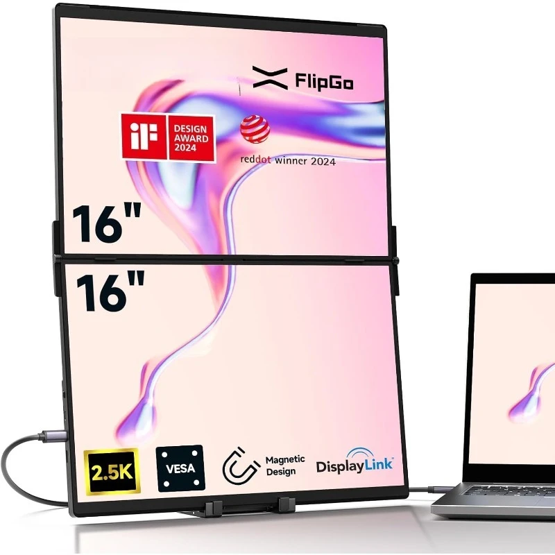 شاشات FlipGo Pro المزدوجة المحمولة مقاس 16 بوصة، وموسع شاشة الكمبيوتر المحمول الثلاثي 2.5K، وشاشة IPS المزدوجة المحمولة لأجهزة الكمبيوتر المحمول [Win #1
