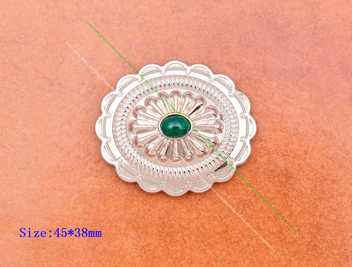 6pc 44*38mm Silver Western Cowboy Indian Flower Green Turquoise Leathercraft Belt Headstall Bridle Saddle Concho Decor