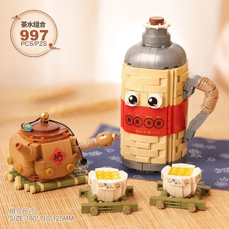 Boiling Tea Around The Stove Building Blocks Toy Sets Creative Teapot Street Views Fruit Dim Sum Cake Bricks Toys for Kids Gifts