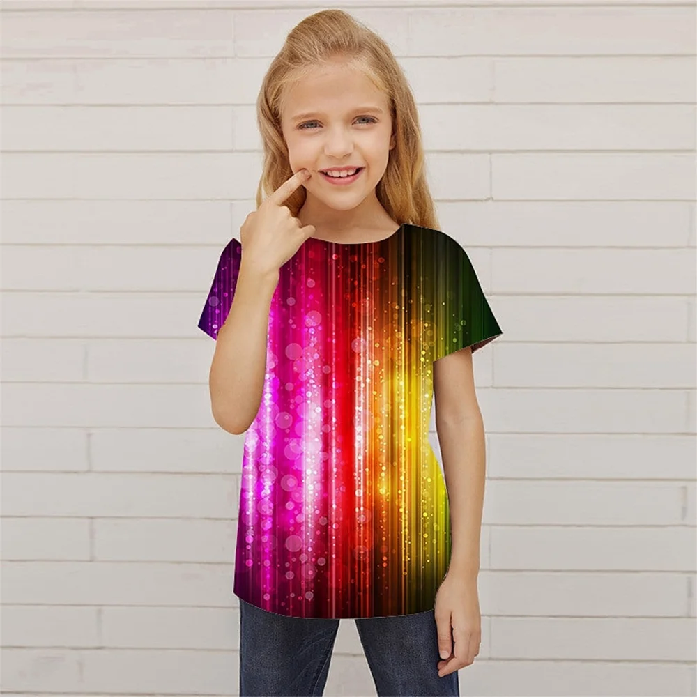 T-shirt coloré à manches courtes pour petite fille, vêtement cool, décontracté, imprimé en 3D, amusant, pour enfant, été