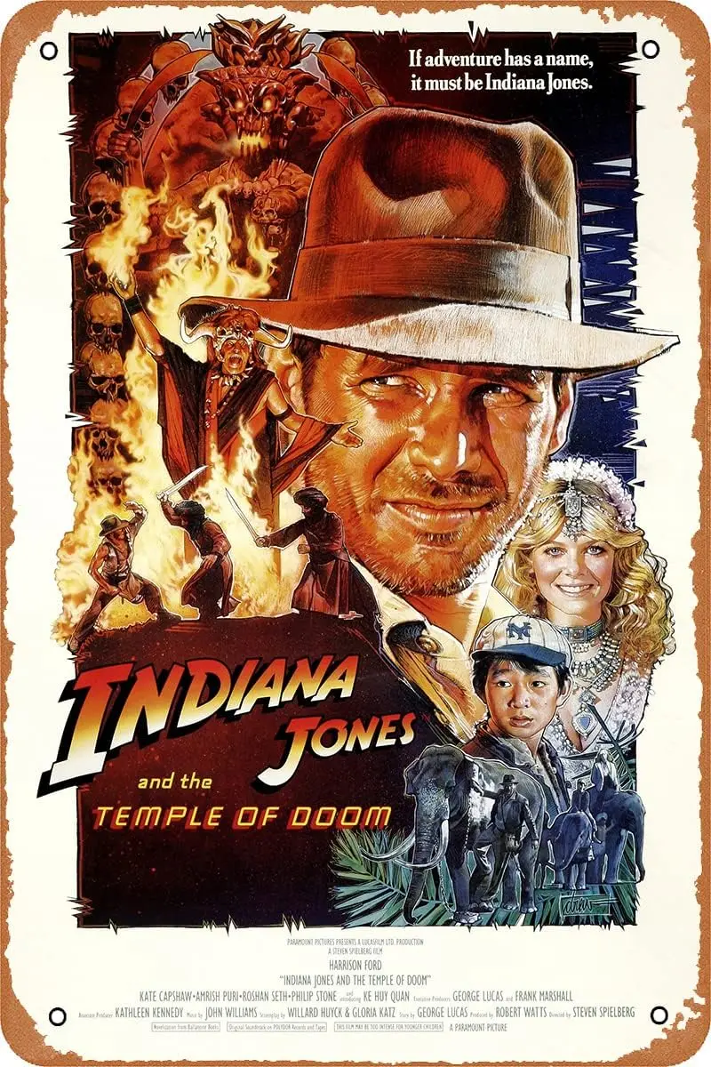 Póster de película de Indiana Jones y el templo de Doom, letrero de Metal Retro para cafetería, Bar, Pub, oficina, decoración de pared del hogar, letrero de estaño para regalo
